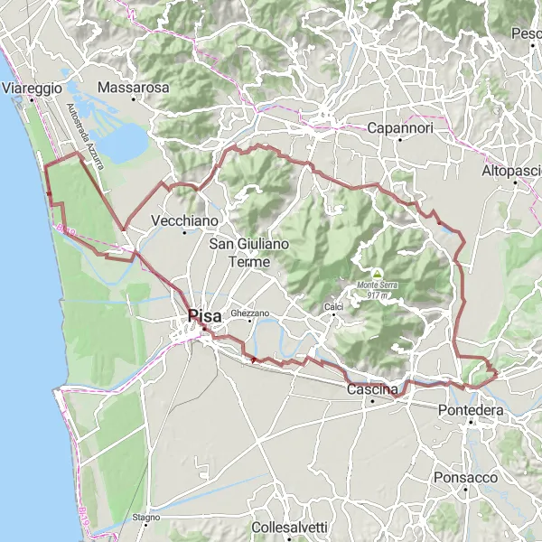 Miniature de la carte de l'inspiration cycliste "Parcours à vélo gravel autour de Montecalvoli" dans la Toscana, Italy. Générée par le planificateur d'itinéraire cycliste Tarmacs.app