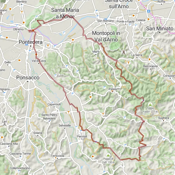Miniature de la carte de l'inspiration cycliste "Par Montecalvoli: Aventure et Histoire à Toiano Vecchio et Poggio di Celli" dans la Toscana, Italy. Générée par le planificateur d'itinéraire cycliste Tarmacs.app