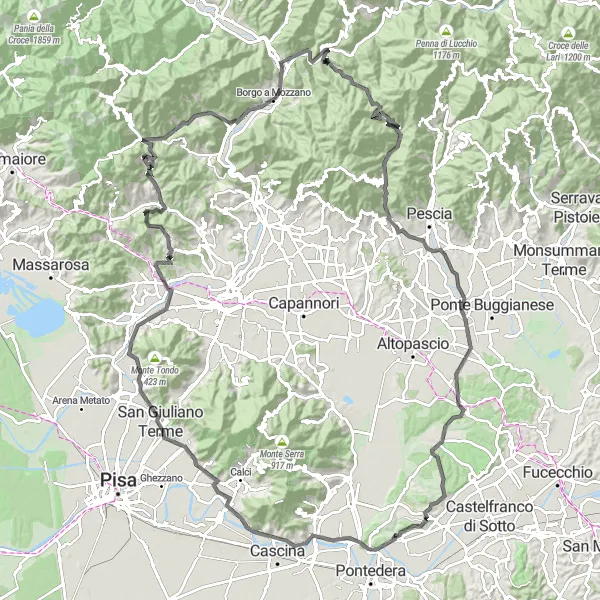 Miniature de la carte de l'inspiration cycliste "Par Montecalvoli: Circuit Touristique à Cucigliana, Monte Castellare et Collodi" dans la Toscana, Italy. Générée par le planificateur d'itinéraire cycliste Tarmacs.app