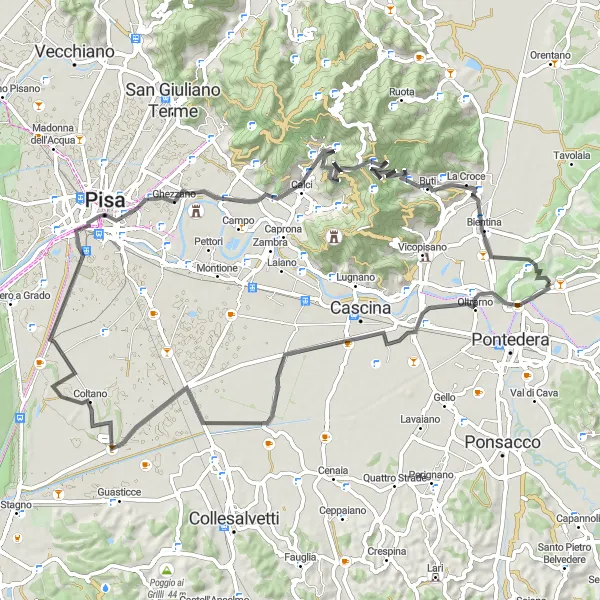 Miniatuurkaart van de fietsinspiratie "Tocht langs Pisa en Monte Roncali" in Toscana, Italy. Gemaakt door de Tarmacs.app fietsrouteplanner