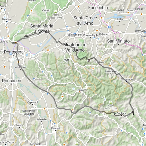 Miniature de la carte de l'inspiration cycliste "Itinéraire cycliste sur route entre Montecalvoli et les charmes toscans" dans la Toscana, Italy. Générée par le planificateur d'itinéraire cycliste Tarmacs.app