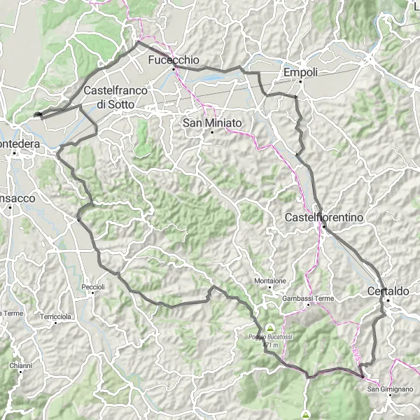Miniatua del mapa de inspiración ciclista "Ruta de Carretera a través de Montecalvoli" en Toscana, Italy. Generado por Tarmacs.app planificador de rutas ciclistas