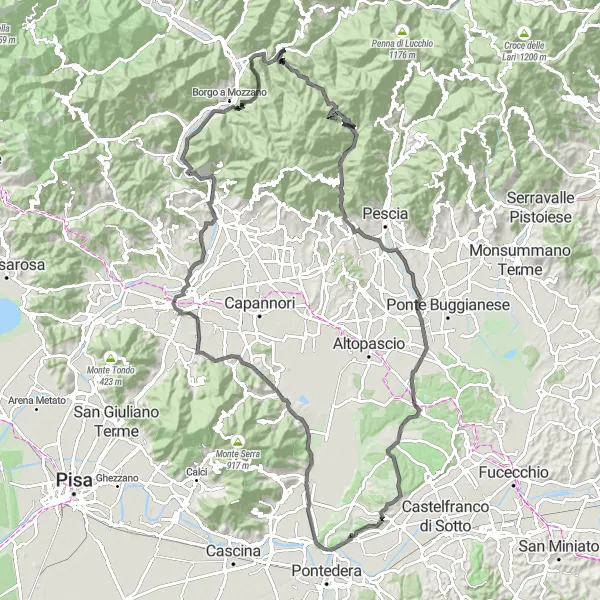 Miniatua del mapa de inspiración ciclista "Ruta en bicicleta de carretera desde Montecalvoli" en Toscana, Italy. Generado por Tarmacs.app planificador de rutas ciclistas
