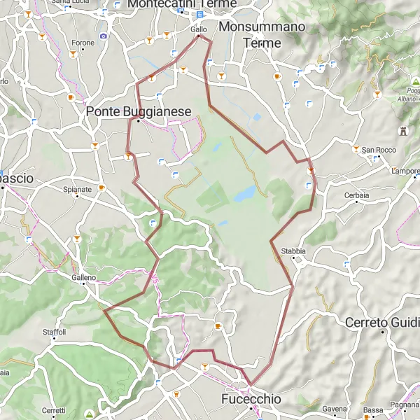 Zemljevid v pomanjšavi "Sproščujoča kolesarska tura s pogledom na Vione in Biscolla" kolesarske inspiracije v Toscana, Italy. Generirano z načrtovalcem kolesarskih poti Tarmacs.app