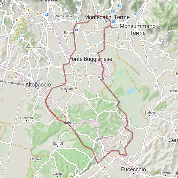 Miniatua del mapa de inspiración ciclista "Ruta de Grava alrededor de Montecatini-Terme" en Toscana, Italy. Generado por Tarmacs.app planificador de rutas ciclistas