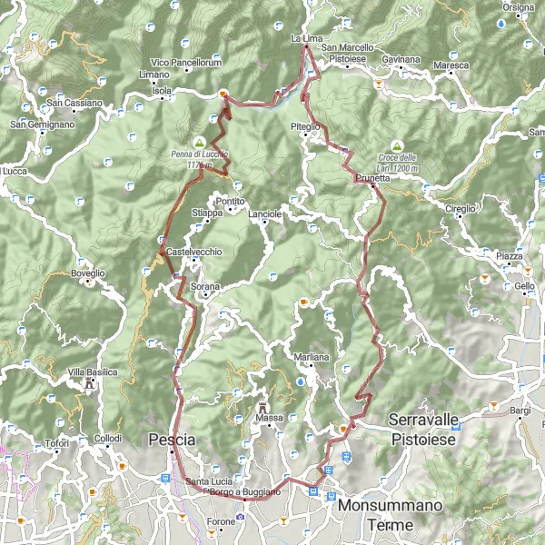 Mapa miniatúra "Gravel Adventure near Montecatini-Terme" cyklistická inšpirácia v Toscana, Italy. Vygenerované cyklistickým plánovačom trás Tarmacs.app