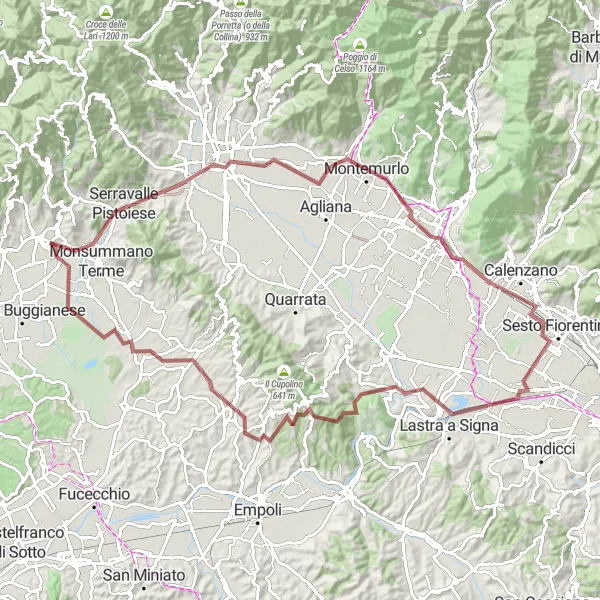 Miniatua del mapa de inspiración ciclista "Ruta de Grava a través de Pistoia y Vinci" en Toscana, Italy. Generado por Tarmacs.app planificador de rutas ciclistas