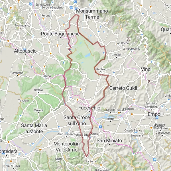 Miniaturní mapa "Gravelová okružní cyklistická trasa Castelmartini - Biscolla" inspirace pro cyklisty v oblasti Toscana, Italy. Vytvořeno pomocí plánovače tras Tarmacs.app