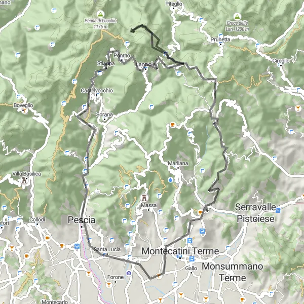 Miniatua del mapa de inspiración ciclista "Ruta Escénica por Uzzano Castello y Monte Bersano" en Toscana, Italy. Generado por Tarmacs.app planificador de rutas ciclistas