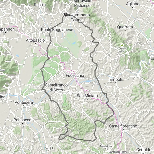 Miniatura della mappa di ispirazione al ciclismo "Passeggiata in bicicletta attraverso la campagna toscana" nella regione di Toscana, Italy. Generata da Tarmacs.app, pianificatore di rotte ciclistiche