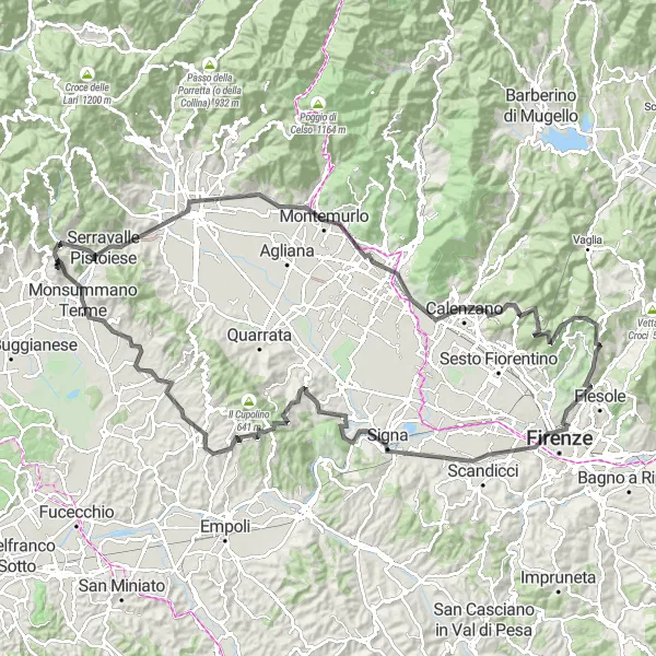 Mapa miniatúra "Náročná cesta po toskánskych kopcoch" cyklistická inšpirácia v Toscana, Italy. Vygenerované cyklistickým plánovačom trás Tarmacs.app