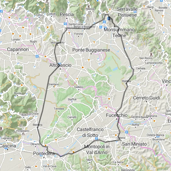 Miniatura della mappa di ispirazione al ciclismo "Ciclismo rilassante nei dintorni di Montecatini Terme" nella regione di Toscana, Italy. Generata da Tarmacs.app, pianificatore di rotte ciclistiche