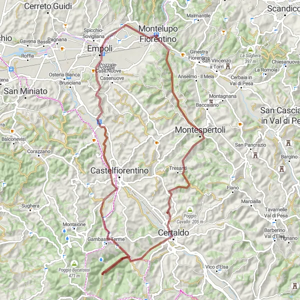 Miniatua del mapa de inspiración ciclista "Ruta de 78 km en bicicleta de grava desde Montelupo Fiorentino" en Toscana, Italy. Generado por Tarmacs.app planificador de rutas ciclistas