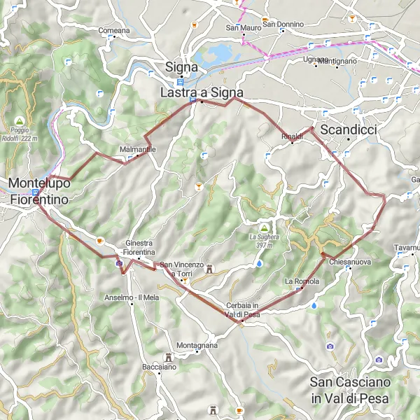 Kartminiatyr av "Grusveier ved Firenze" sykkelinspirasjon i Toscana, Italy. Generert av Tarmacs.app sykkelrutoplanlegger