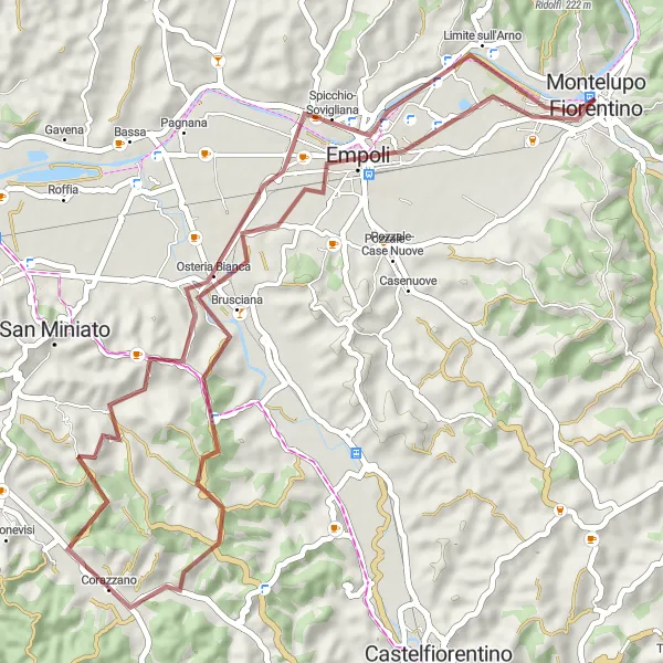 Miniatua del mapa de inspiración ciclista "Ruta circular en grava a Poggio Montereggi, Bastia, Cusignano, Brusciana, Empoli y Montelupo Fiorentino" en Toscana, Italy. Generado por Tarmacs.app planificador de rutas ciclistas