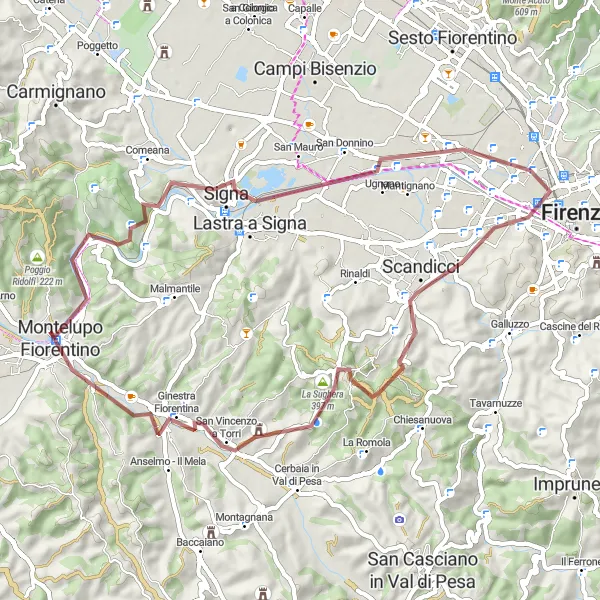 Karttaminiaatyyri "Gravel Bike Route: Montelupo Fiorentino - Lastra a Signa" pyöräilyinspiraatiosta alueella Toscana, Italy. Luotu Tarmacs.app pyöräilyreittisuunnittelijalla