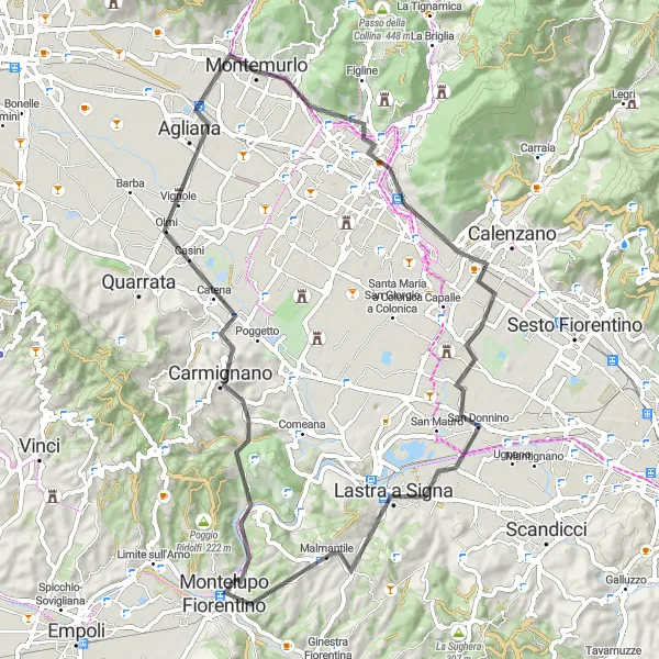 Miniature de la carte de l'inspiration cycliste "Tour de la colline de Carmignano" dans la Toscana, Italy. Générée par le planificateur d'itinéraire cycliste Tarmacs.app