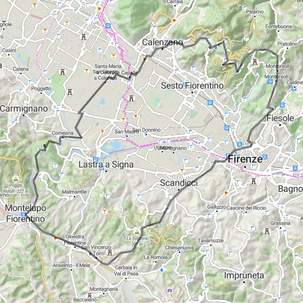 Zemljevid v pomanjšavi "Kolesarska pot v bližini Montelupo Fiorentino" kolesarske inspiracije v Toscana, Italy. Generirano z načrtovalcem kolesarskih poti Tarmacs.app