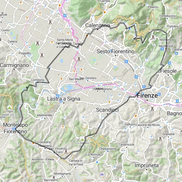 Miniatua del mapa de inspiración ciclista "Desafío en carretera a Artimino, Calenzano, Poggio Bati, Monte Acuto, Spedale degli Innocenti, Scandicci, Poggio Valicaia y San Vincenzo a Torri" en Toscana, Italy. Generado por Tarmacs.app planificador de rutas ciclistas