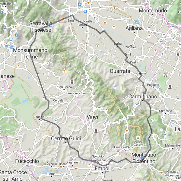 Miniatua del mapa de inspiración ciclista "Ruta por carretera a Empoli, Monsummano Terme, Carmignano y Montelupo Fiorentino" en Toscana, Italy. Generado por Tarmacs.app planificador de rutas ciclistas