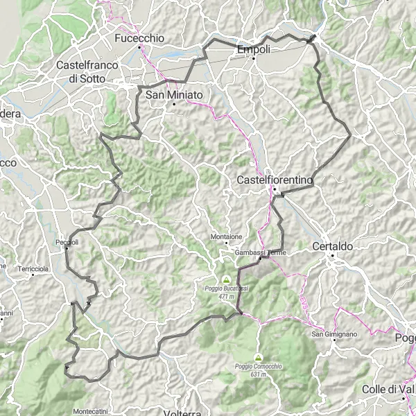 Miniaturní mapa "Road trasa přes Lungagnana a Gambassi Terme" inspirace pro cyklisty v oblasti Toscana, Italy. Vytvořeno pomocí plánovače tras Tarmacs.app