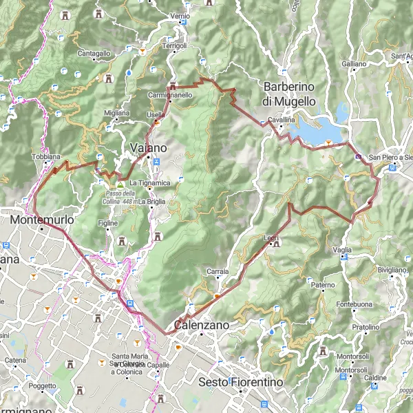 Miniatura della mappa di ispirazione al ciclismo "Tour in Gravel tra Vaiano e Prato" nella regione di Toscana, Italy. Generata da Tarmacs.app, pianificatore di rotte ciclistiche