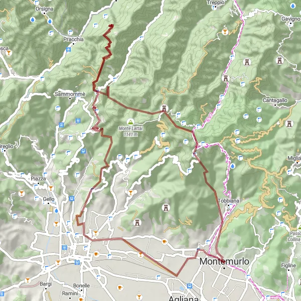 Miniatuurkaart van de fietsinspiratie "Gravelroute Montemurlo naar Monte Pozzo del Bagno" in Toscana, Italy. Gemaakt door de Tarmacs.app fietsrouteplanner