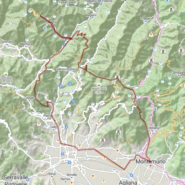 Miniatuurkaart van de fietsinspiratie "Gravelroute Pistoia naar Tobbiana" in Toscana, Italy. Gemaakt door de Tarmacs.app fietsrouteplanner