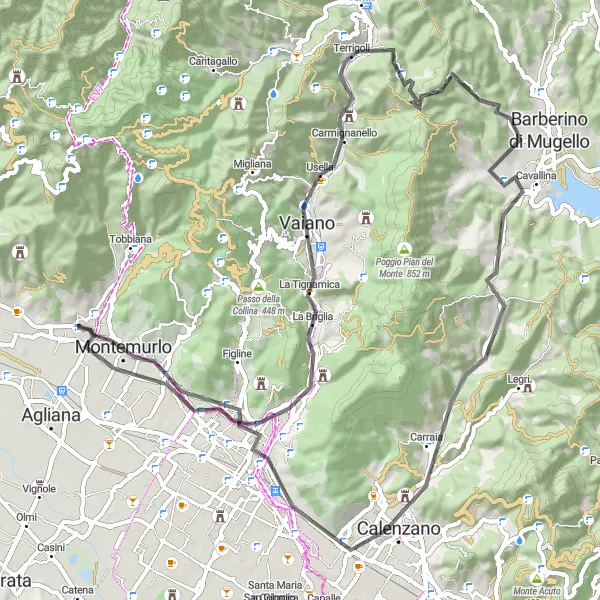 Miniatura della mappa di ispirazione al ciclismo "Road Calenzano - Montemurlo" nella regione di Toscana, Italy. Generata da Tarmacs.app, pianificatore di rotte ciclistiche