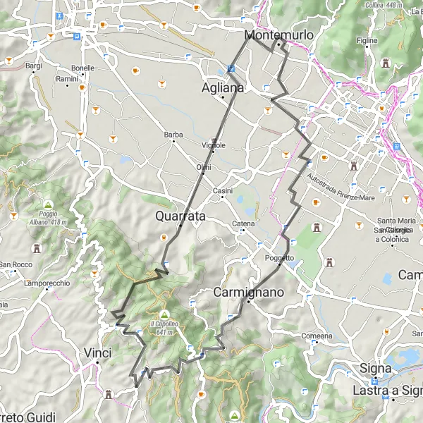 Mapa miniatúra "Okružná cyklotrasa Carmignano - Montemurlo" cyklistická inšpirácia v Toscana, Italy. Vygenerované cyklistickým plánovačom trás Tarmacs.app