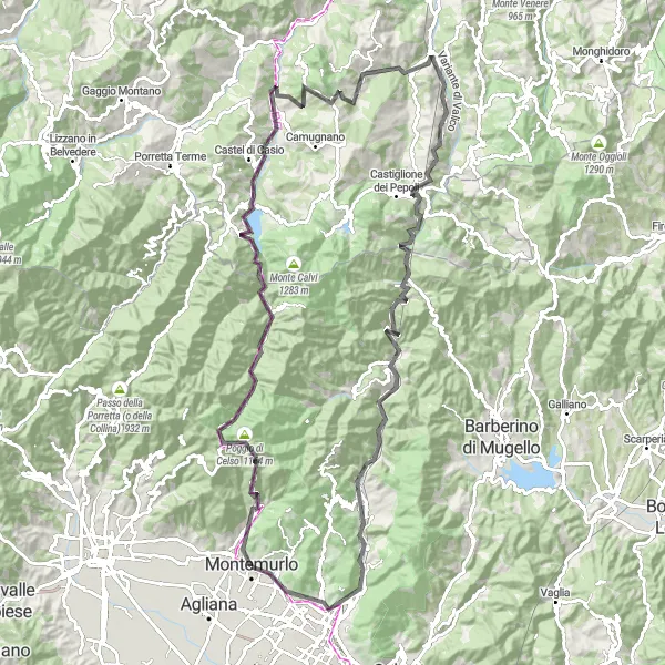 Miniatura della mappa di ispirazione al ciclismo "Road Rocca di Montemurlo - Monte Buriano" nella regione di Toscana, Italy. Generata da Tarmacs.app, pianificatore di rotte ciclistiche