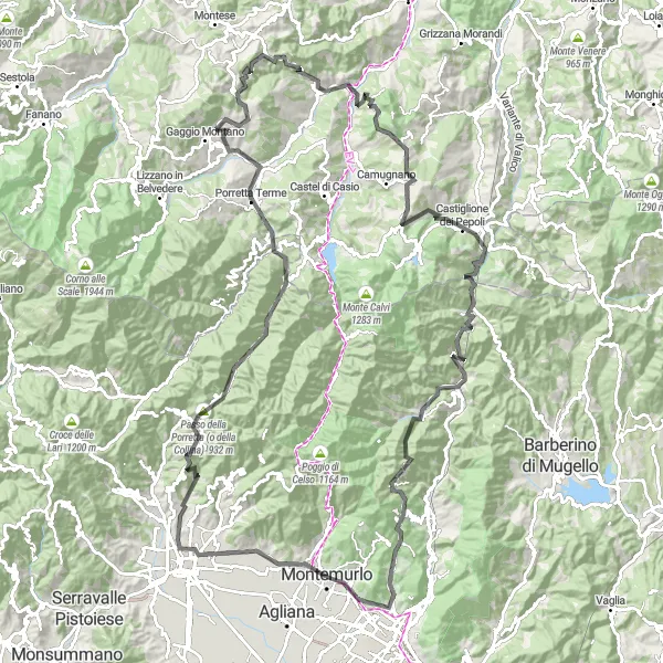 Karttaminiaatyyri "Pistoia - Rocca di Montemurlo Loop" pyöräilyinspiraatiosta alueella Toscana, Italy. Luotu Tarmacs.app pyöräilyreittisuunnittelijalla