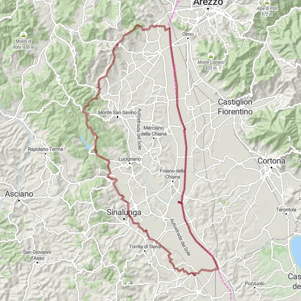 Map miniature of "Off-the-beaten-path Gravel Adventure to Poggio Calcione" cycling inspiration in Toscana, Italy. Generated by Tarmacs.app cycling route planner
