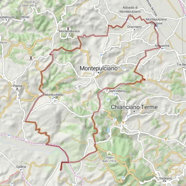 Miniatua del mapa de inspiración ciclista "Ruta Gravel a través de Acquaviva y Abbadia di Montepulciano" en Toscana, Italy. Generado por Tarmacs.app planificador de rutas ciclistas