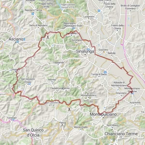 Kartminiatyr av "Montepulciano til Lucignano d'Asso Gravel Loop" sykkelinspirasjon i Toscana, Italy. Generert av Tarmacs.app sykkelrutoplanlegger