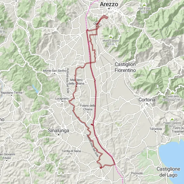 Map miniature of "Gravel Route through Fattoria and Madonna di Mezzastrada" cycling inspiration in Toscana, Italy. Generated by Tarmacs.app cycling route planner