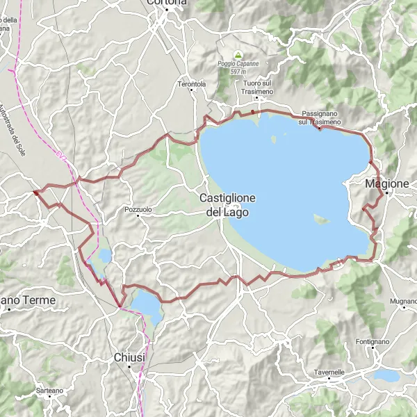 Miniaturní mapa "Petrignano Valley Gravel Loop" inspirace pro cyklisty v oblasti Toscana, Italy. Vytvořeno pomocí plánovače tras Tarmacs.app