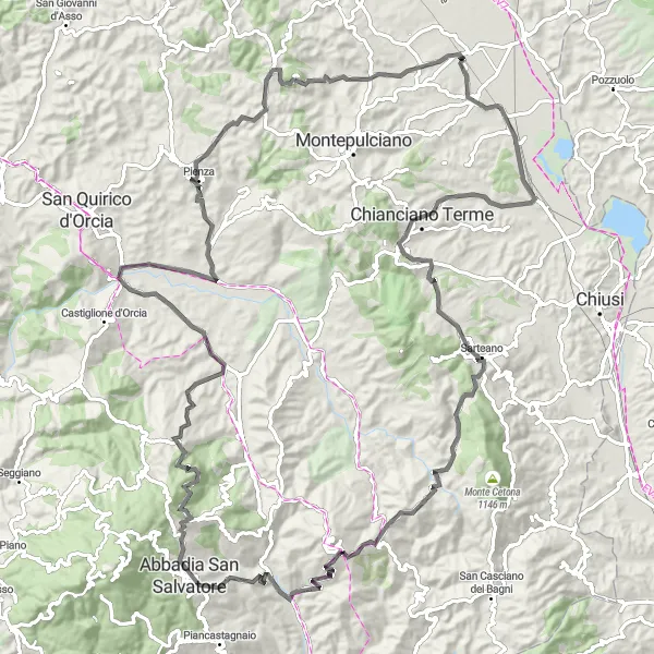 Kartminiatyr av "Valdichiana og Monte Calcinaio Loop" sykkelinspirasjon i Toscana, Italy. Generert av Tarmacs.app sykkelrutoplanlegger