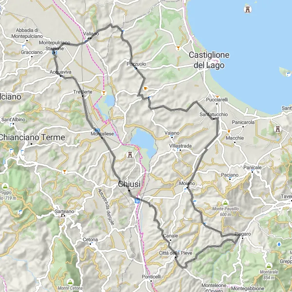 Map miniature of "Road Route to Monte Venere and Città della Pieve" cycling inspiration in Toscana, Italy. Generated by Tarmacs.app cycling route planner
