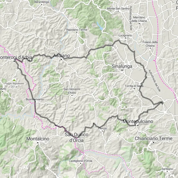 Kartminiatyr av "Vägcykling till Montepulciano och Asciano" cykelinspiration i Toscana, Italy. Genererad av Tarmacs.app cykelruttplanerare