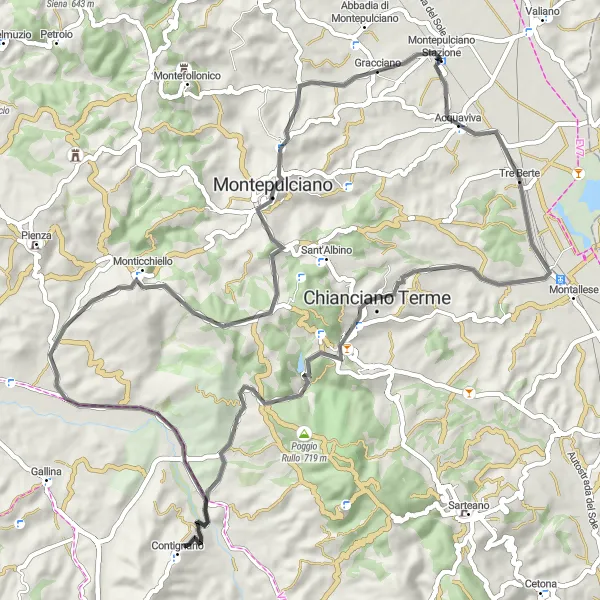 Miniatuurkaart van de fietsinspiratie "Betoverende route langs Valdichiana en Poggio di Totona" in Toscana, Italy. Gemaakt door de Tarmacs.app fietsrouteplanner