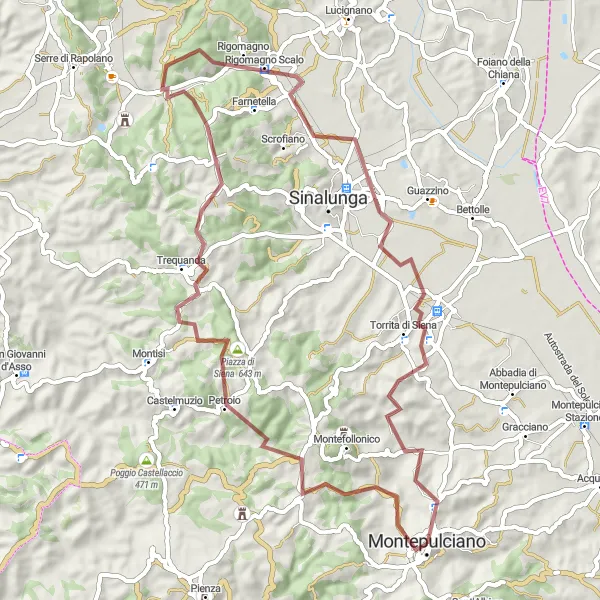 Mapa miniatúra "Montepulciano - Poggio della Cava - Petroio - Trequanda - Poggio Adorno - Poggio Bianco - Rigomagno - Torrita di Siena" cyklistická inšpirácia v Toscana, Italy. Vygenerované cyklistickým plánovačom trás Tarmacs.app