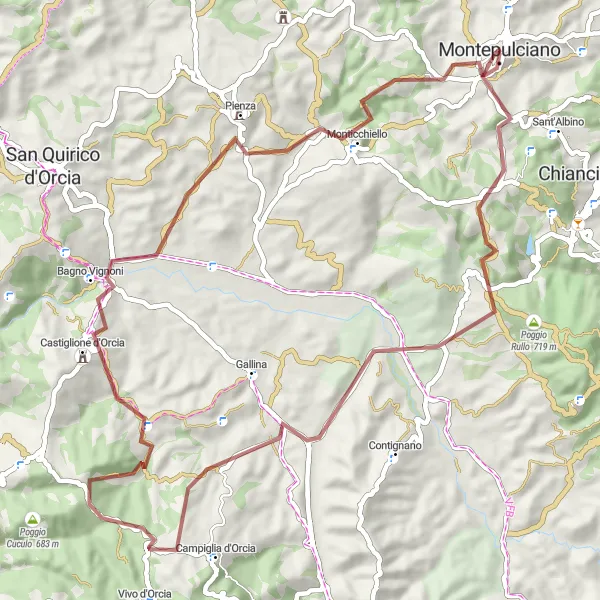 Miniatuurkaart van de fietsinspiratie "Fietsavontuur in de heuvels rond Montepulciano" in Toscana, Italy. Gemaakt door de Tarmacs.app fietsrouteplanner