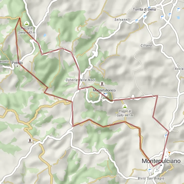 Kartminiatyr av "På spåren av Poggio della Cava och Petroio" cykelinspiration i Toscana, Italy. Genererad av Tarmacs.app cykelruttplanerare