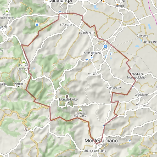 Map miniature of "Gravel Loop Montepulciano and Surroundings" cycling inspiration in Toscana, Italy. Generated by Tarmacs.app cycling route planner