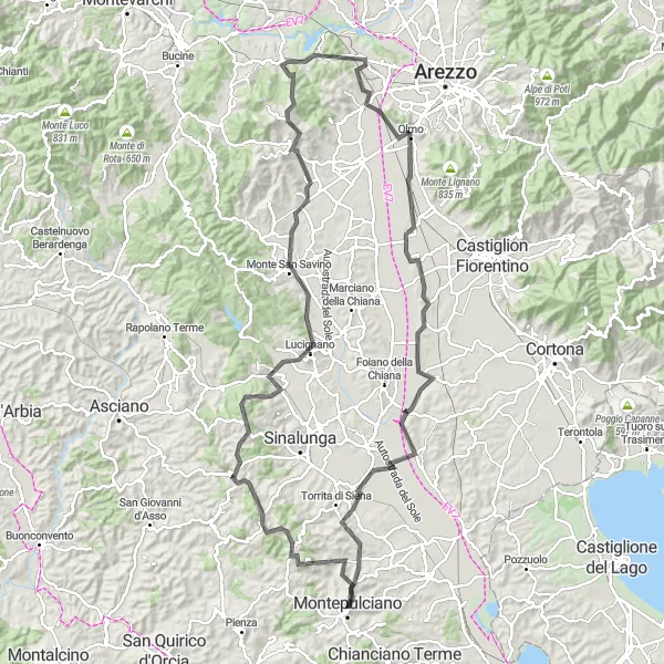 Miniatura della mappa di ispirazione al ciclismo "Giro in bicicletta intorno a Montepulciano" nella regione di Toscana, Italy. Generata da Tarmacs.app, pianificatore di rotte ciclistiche