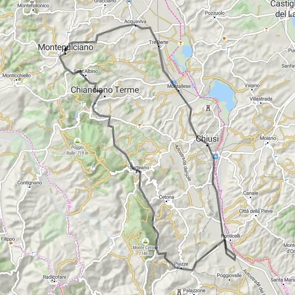 Miniaturekort af cykelinspirationen "Montepulciano - Chianciano Terme - Montepulciano Road Bike Route" i Toscana, Italy. Genereret af Tarmacs.app cykelruteplanlægger
