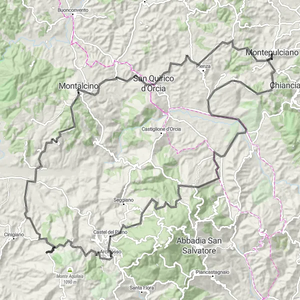 Miniatua del mapa de inspiración ciclista "Ruta de los Cipreses y San Quirico desde Montepulciano" en Toscana, Italy. Generado por Tarmacs.app planificador de rutas ciclistas
