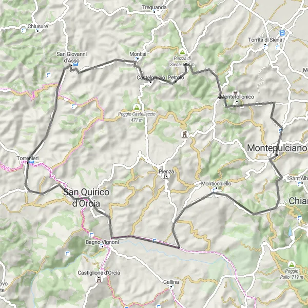 Miniatua del mapa de inspiración ciclista "Ruta de Monticchiello y San Quirico desde Montepulciano" en Toscana, Italy. Generado por Tarmacs.app planificador de rutas ciclistas