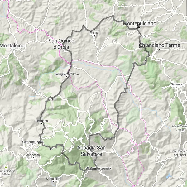 Map miniature of "Montepulciano - San Quirico d'Orcia - Montepulciano" cycling inspiration in Toscana, Italy. Generated by Tarmacs.app cycling route planner